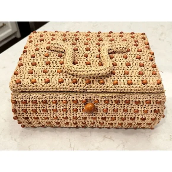 Vintage Sewing Basket Kit Wicker Box w Supplies Needles Thread Buttons Crochet - Picture 7 of 10